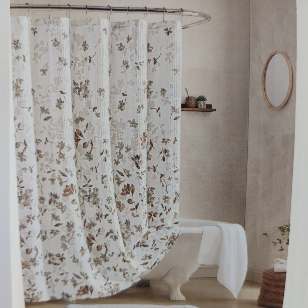 DKNY “Jasper” White Textured Fabric Shower Curtain w/Multicolor Floral Designs